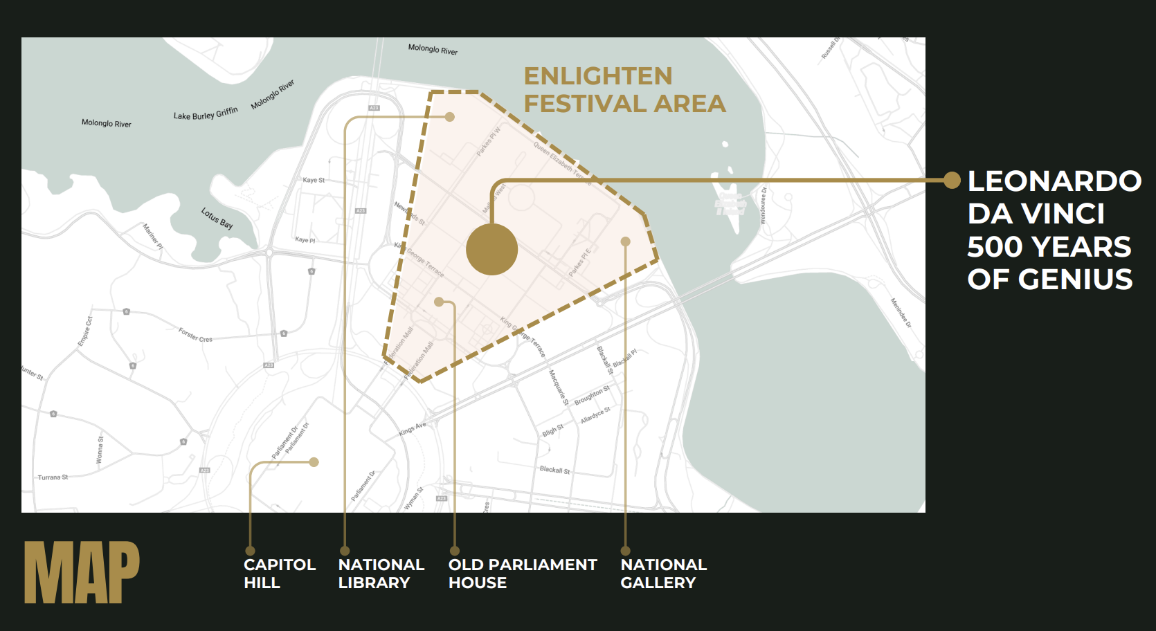 Leonardo da Vinci Exhibition Location Map - Federation Centenary Fountain, Parkes Place Lawns, Canberra
